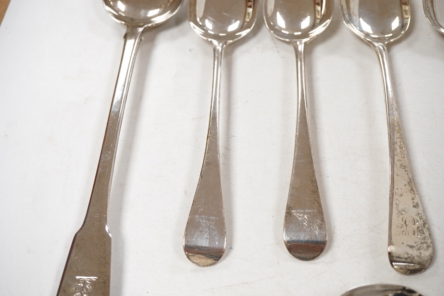 Two pairs of George III silver Old English pattern table spoons, Smith & Fearn, London, 1796 and Soloman Hougham, London, 1800, both approx. 22.2cm, together with a George III silver fiddle pattern basting spoon, Richard